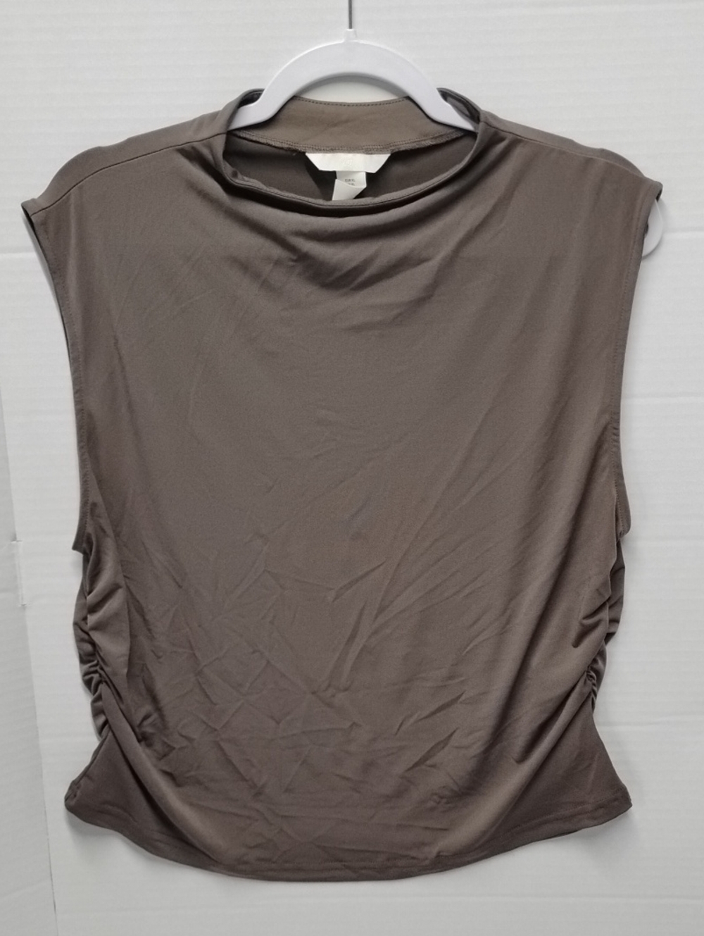 H&M Sleeveless Mock Neck Tank Top in Taupe with Side Ruching XL